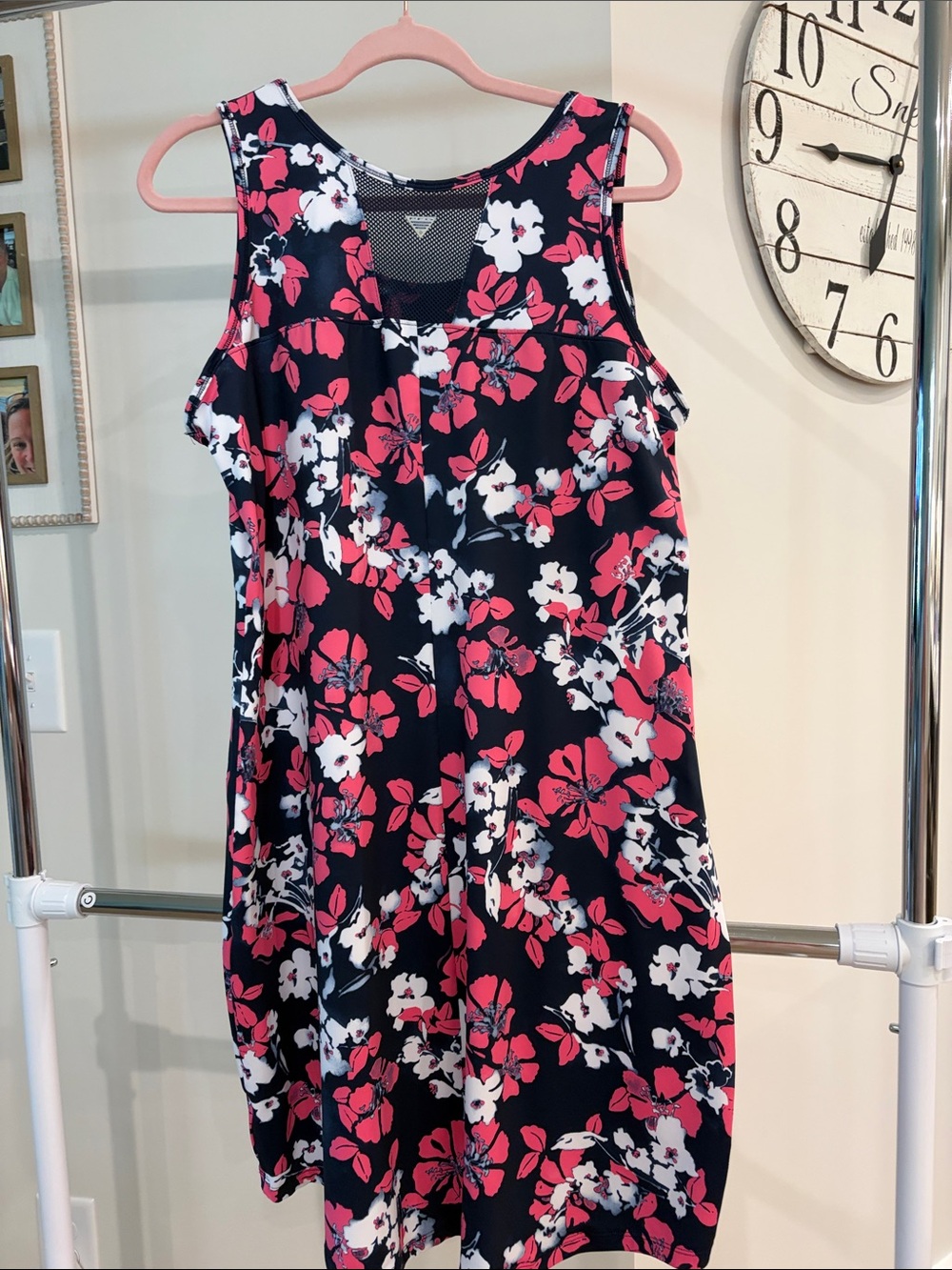 Sleeveless Columbia PFG Navy Midi Dress with Pink & White Floral Print - Picture 4 of 4